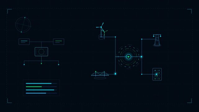 Digital infographic hud showing smart energy grid and infrastructure data