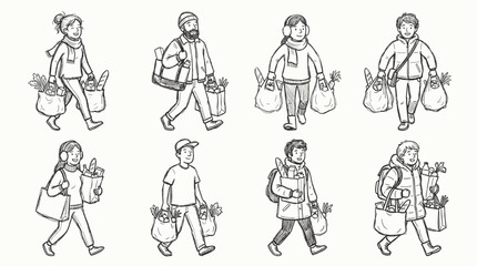 Obraz premium Diverse people carrying grocery bags and shopping bags in a sketch style