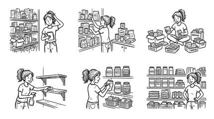 Fototapeta premium Woman organizing pantry with food items and cleaning shelves