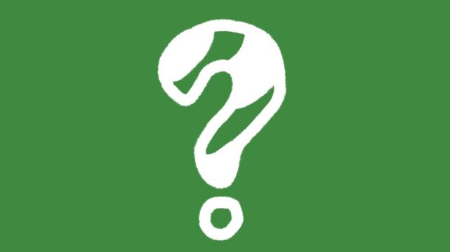 Question mark FAQ help information hand-drawn cartoon graphic with chalk outline query icon and creative problem-solving symbol isolated on green screen background for quiz examination element concept