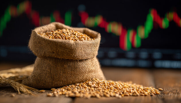 Grains of wheat spilling from a burlap sack on a wooden surface with a blurred stock market chart in the background