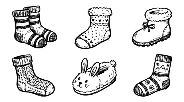 Collection of hand drawn winter socks and slippers for cozy comfort