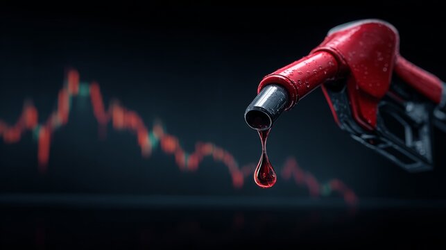 Fuel nozzle dripping gasoline over a blurred chart representing fluctuating oil prices and market trends