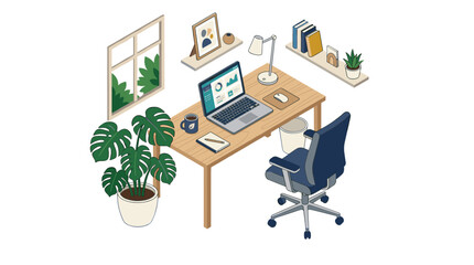 Fototapeta premium Modern Home Office Setup with Laptop and Plants Isometric View