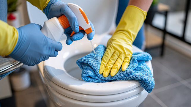 Bathroom deep cleaning concept with gloved hands applying disinfectant from a spray bottle onto a toilet seat and removing dirt with a blue microfiber cloth, crisp sanitary environment with professi