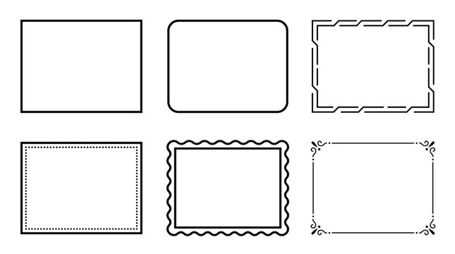 Collection of six different decorative frames and borders on white background