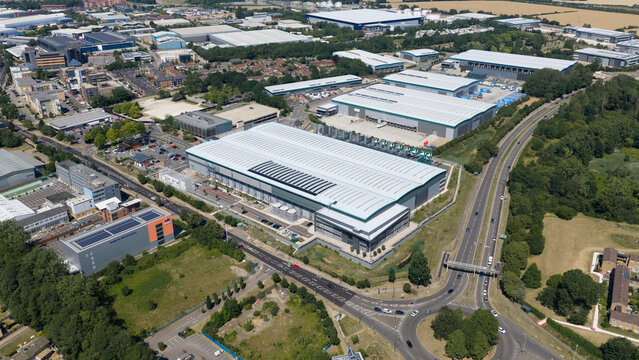 Hemel Hempstead, England, United Kingdom - 11 July 2026: Aerial view of Amazon AWS Data Storage Facility in Hemel Hempstead