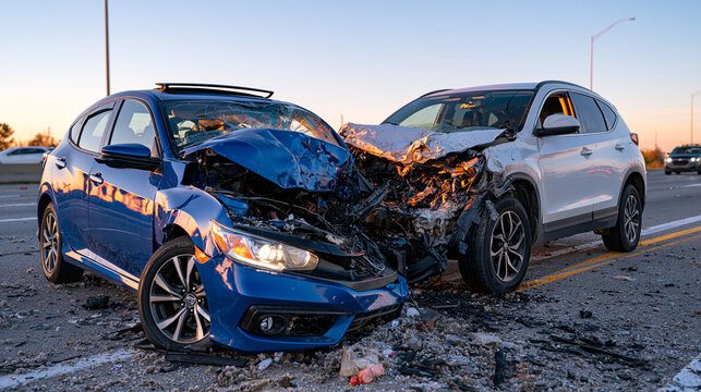 Blue hatchback and white crossover with crushed front sections following a serious highway collision at twilight, scattered debris covering multiple lanes, dramatic evening sky and realistic emergen