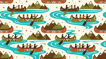 Paddling Canoes on a Mountain River Pattern with Turquoise Water and Green Mountains. Flat vector illustration EPS 10. © Robich Art