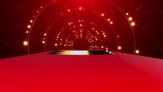 Luxury red award podium motion visual golden circular tunnel, sparkling particle field, deep stage perspective. winner reveals, festival openers, ceremony titles, product launches, premium overlays.