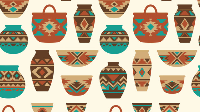 Seamless geometric pottery pattern featuring Southwestern-inspired vases and bowls. Flat vector illustration EPS 10.