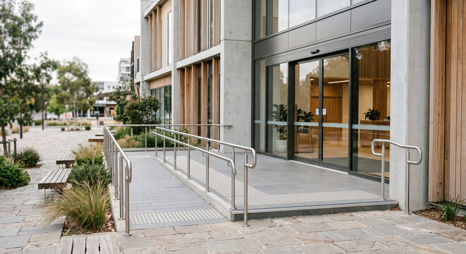 Accessible public space with ramp and tactile paving with accessible path beside a public building in a realistic barrier free building entrance for local community support