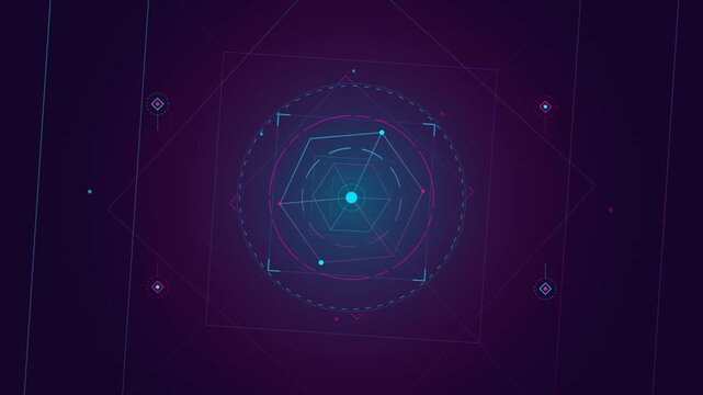 Futuristic digital HUD interface with rotating geometric data shapes
