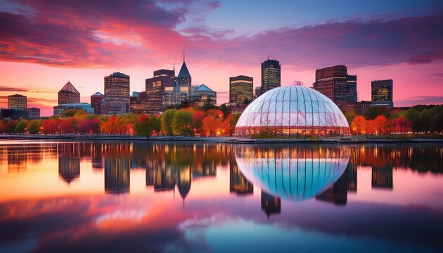 montreal city skyline at dusk reflecting in water featuring biodome