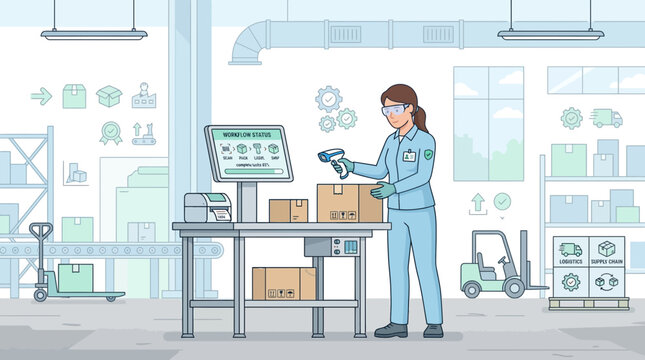 Warehouse worker scans package with barcode scanner and computer