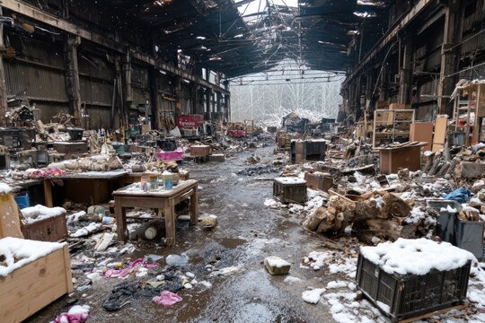 Interior shot of a warehouse ravaged by fire, showcasing destruction and remnants