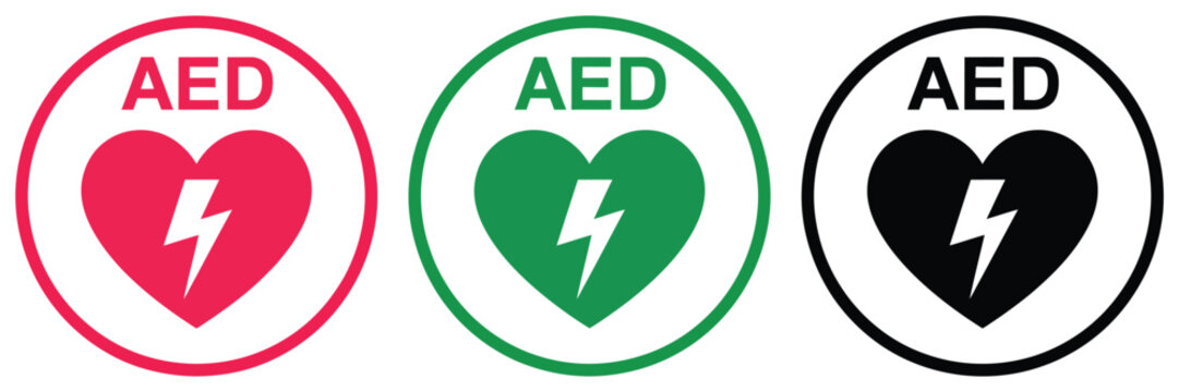 AED Icon, Heart with Lightning Bolt Sign, Emergency Defibrillator Medical Symbol, Vector Illustration for Cardiac Care, CPR Awareness, Public Safety, Healthcare Facilities and Emergency Rescue.