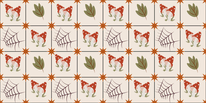 Autumn Mushroom Seamless Pattern with Spider Web Leaves and Star Grid Background