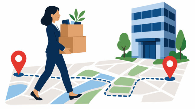 Businesswoman carrying moving boxes toward a modern office across a city map with route markers, symbolizing relocation, career change, new beginnings, business expansion, and professional transition