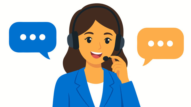 Friendly customer service representative in a blue blazer wearing a headset and speaking into a microphone, with colorful speech bubbles representing support, communication, and call center service