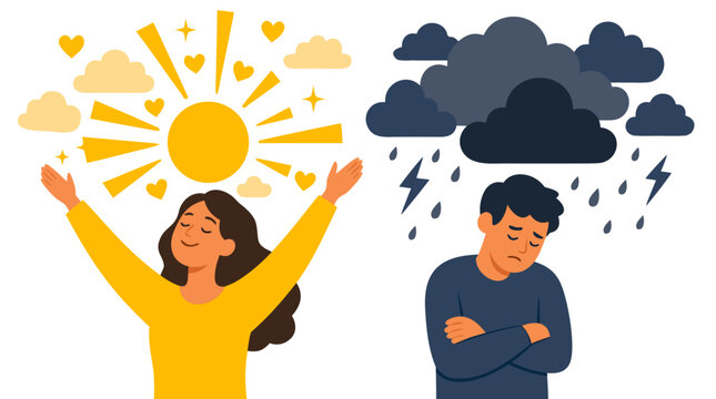Contrasting people expressing positive and negative mindsets, bright woman beneath sunshine and hearts beside worried man under storm clouds, vivid flat vector illustration of emotional wellbeing