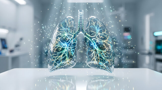 Glowing digital lungs with neural patterns in modern lab.