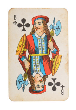 Old vintage Jack of Clubs playing card isolated on white.