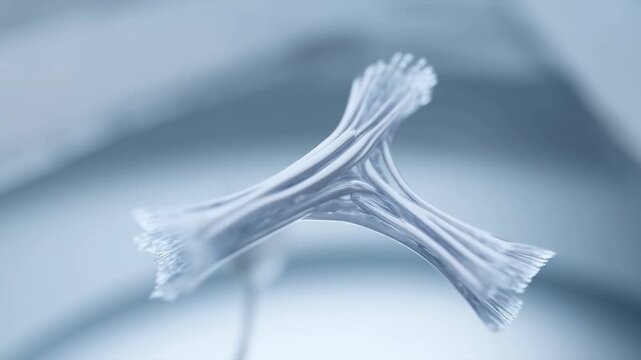 Close-up of a delicate, intricate synthetic fiber structure with a crystalline appearance, suggesting advanced material science or biological engineering research