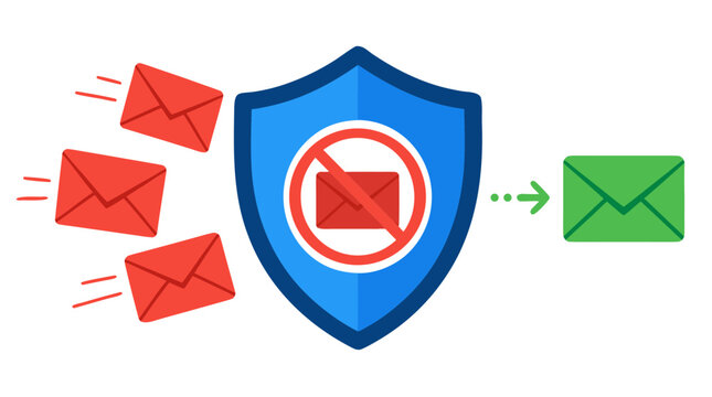 Cybersecurity spam filter shield blocking unwanted red email envelopes while approving a green message, vivid flat vector illustration for inbox protection, privacy, and digital communication