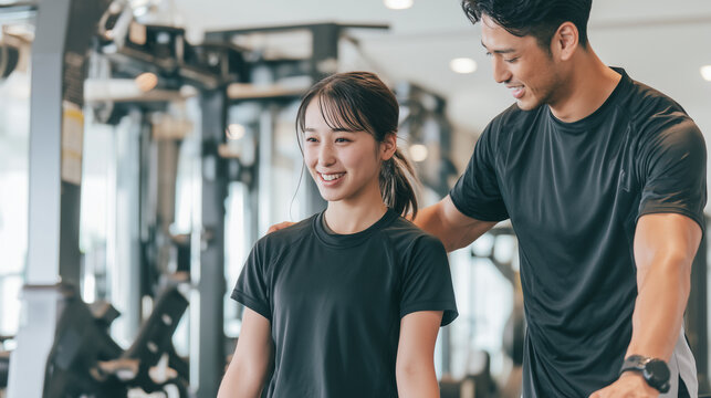 ジムで女性にトレーニングを指導しているトレーナー