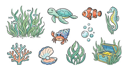 Cute cartoon underwater creatures and marine life elements including a turtle, clownfish, seahorse, crab, coral, oyster, and seaweed with a treasure chest. © Terra