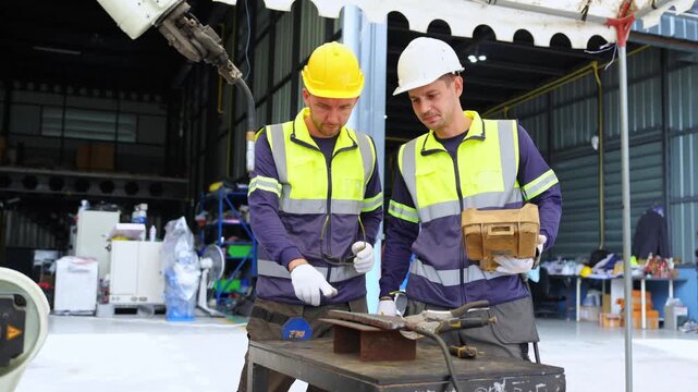 Two construction professionals engaged in a conversation about project plans while wearing safety equipment in an industrial environment