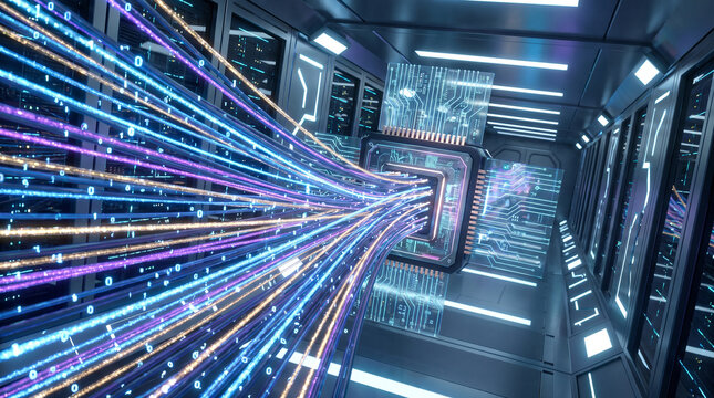 High speed fiber optic cables transmitting digital data streams into a central processing computer chip