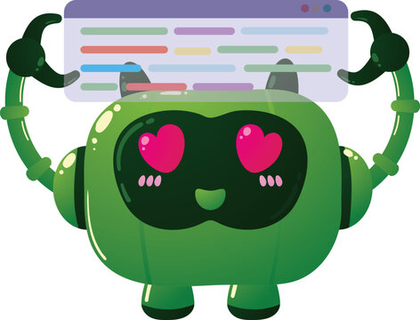 Green robot holds browser with love