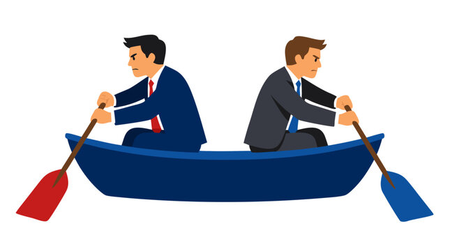 Two businessmen rowing a small boat in opposite directions, creating conflict and tension, symbolizing poor coordination, disagreement, competing priorities, leadership challenges and stalled progress