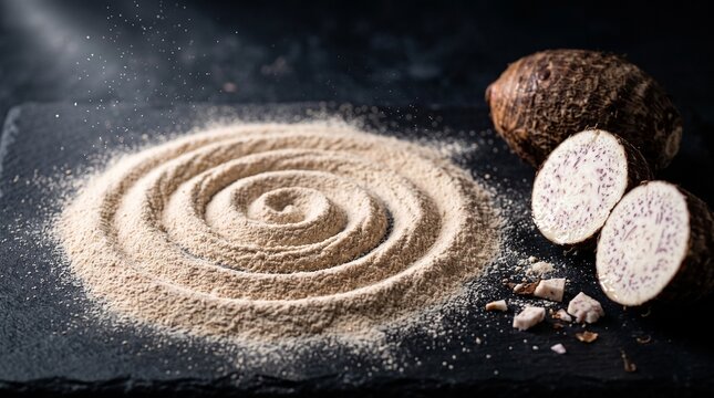 Close-up of silky taro powder arranged in spiral swirl on dark slate with raw taro tubers