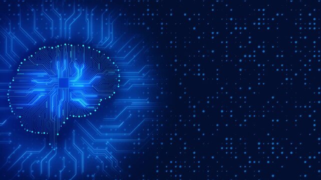 Artificial intelligence neural chip visual bright blue brain outline, circuit traces, dotted data space. AI explainer , research presentations, smart automation, software promos, digital backgrounds.