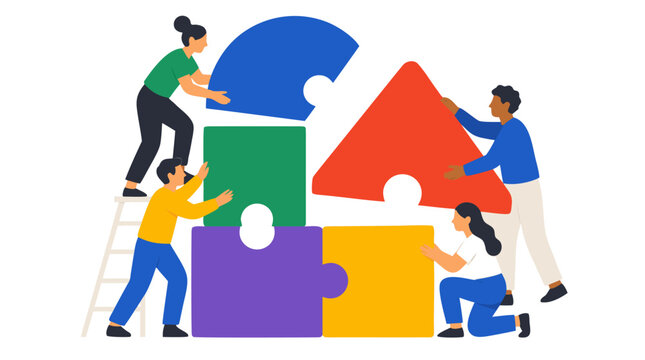Diverse team connecting colorful geometric puzzle blocks together, collaborative problem solving, partnership, cooperation, inclusion and strategic teamwork for shared success