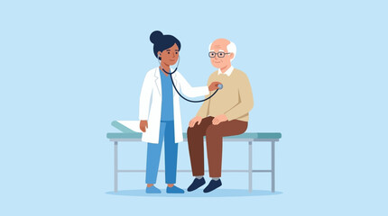 Fototapeta premium Flat illustration of female doctor examining elderly patient.