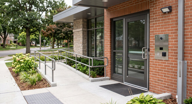 Accessible public space with ramp and tactile paving with curb access and yellow tactile paving in a realistic barrier free building entrance for local community support