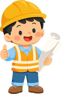 Happy Construction Worker Child with Blueprint