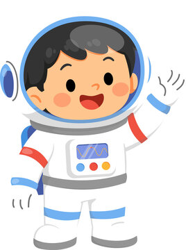 Cute Child Astronaut Waving Hello in Outer Space Exploration