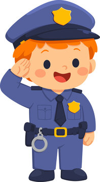 Cartoon Police Officer Saluting with Badge and Handcuffs