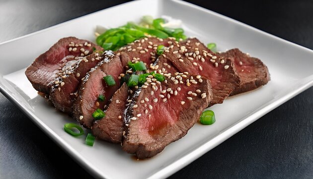delicious grilled beef slices garnished with chopped scallions and sesame seeds served on a white square plate
