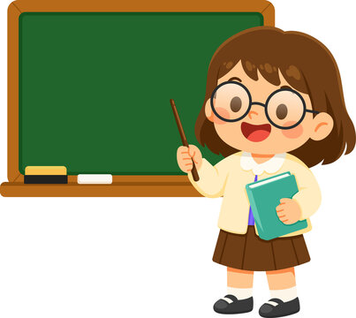 Cute Student Teacher with Pointer and Book in Classroom