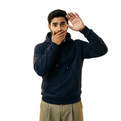 Fototapeta premium Man hoodie trousers young south asian male isolated on a transparent background posing with hand over mouth