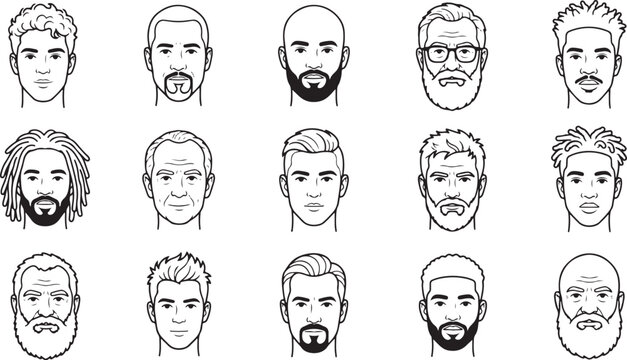 Minimalist Men Hair Cut and Facial Hair Styles Vector Line Illustrations