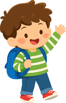 Happy Boy with Backpack Waves Hello Back to School