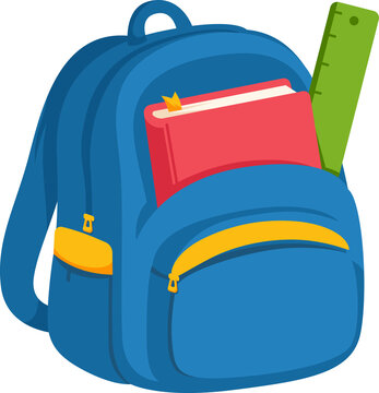 Blue Backpack with Book and Ruler Ready for School