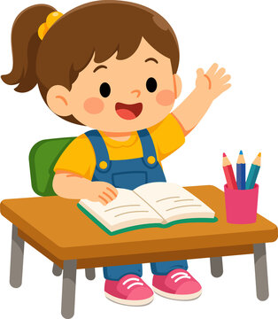 Young Girl Waves Happily Studying at School Desk